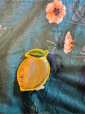 Sequin Lemon Ornament - Yellow with Green Leaf